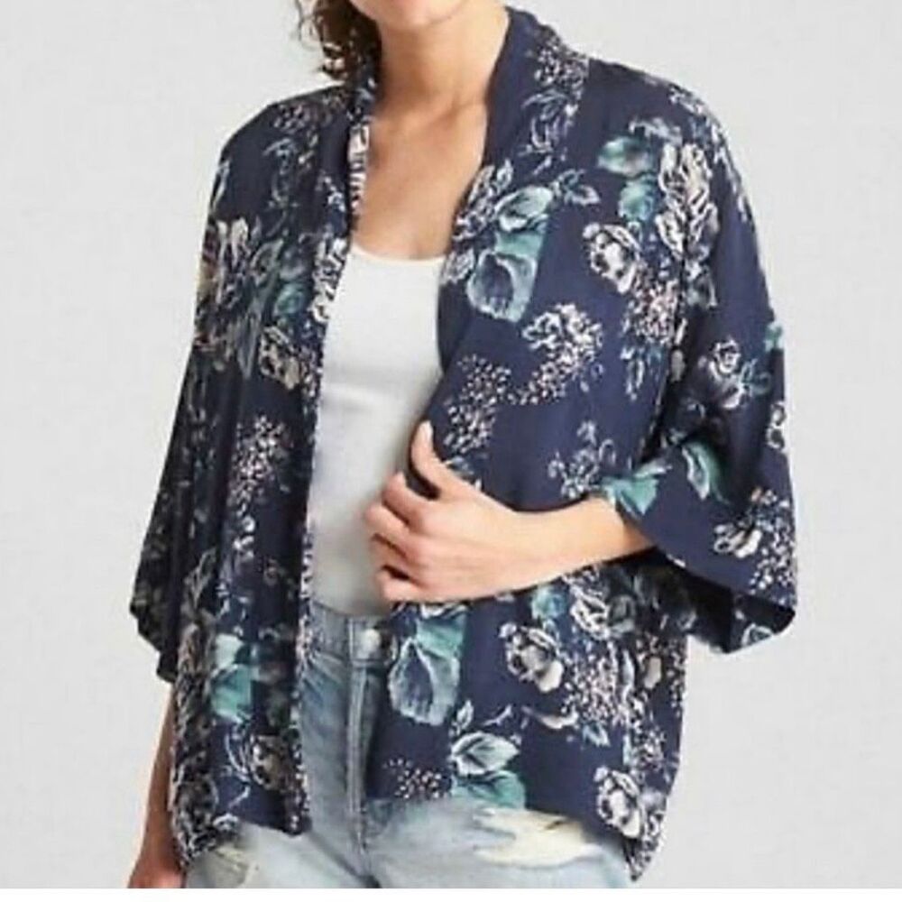 Gap Blue Floral Kimono Open Front Top Shirt Blouse Cover Up Women’s Size Small